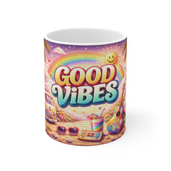 Good Vibes 11oz Coffee Mug — Retro Rainbow Beach Camper Design