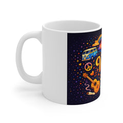 Retro 'Vibes' Coffee Mug – 70s Boho Sunset, Guitar & Peace Sign Ceramic Cup