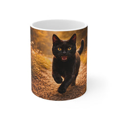Black Cat Running Photo Mug — Cute Kitty Coffee Cup, Autumn Meadow Cat Lover Gift