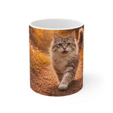 Cute Cat in Autumn Path Mug – 11oz White Coffee Cup with Walking Kitten & Wildflower Scene