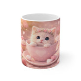 Cute Kitten in Teacup Mug — Pink Heart Cat Coffee Cup, Sweet Dessert Aesthetic Gift