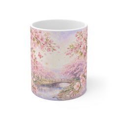 Cherry Blossom Scenic Mug — Pink Sakura Bridge Coffee Cup