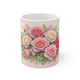 Floral Rose Bouquet Mug — Pink Vintage Roses 11oz Ceramic Coffee Cup