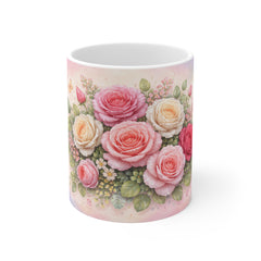 Floral Rose Bouquet Mug — Pink Vintage Roses 11oz Ceramic Coffee Cup