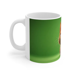 Cat Smirk Mug — Cute Grinning Orange Cat on Green Coffee Cup