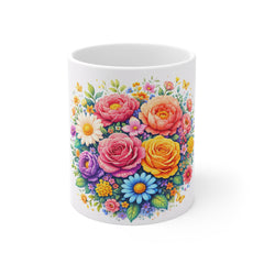 Floral Bouquet 11oz Mug — Colorful Roses & Daisies Coffee Cup