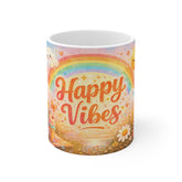 Happy Vibes Rainbow Mug — Cute Positivity Coffee Cup with Rainbow, Clouds & Flowers