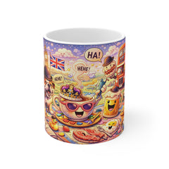 British Breakfast Cartoon Mug — Cute Bulldog, Tea & Diner Illustration