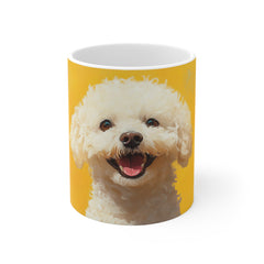 Happy Bichon Frise Coffee Mug — Cute White Poodle Dog Mug, Bright Yellow Background
