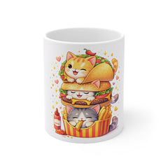 Cute Kawaii Cat Burger Mug — 11oz Coffee Cup with Adorable Cat Stack & Fries Design