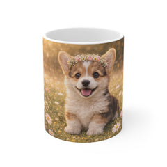 Corgi Puppy Floral Crown Mug — Cute Dog Coffee Cup, Spring Daisy Gift