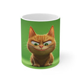 Cat Smirk Mug — Cute Grinning Orange Cat on Green Coffee Cup