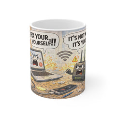11oz Mug — Funny Tech Support Cartoon: "Fix Your Wi‑Fi Yourself!!" Coffee Cup for Programmers & Gadget Lovers