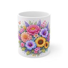 Floral Bouquet Coffee Mug — Vibrant Sunflower & Peony 11oz Ceramic Mug