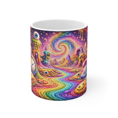 Psychedelic Rainbow Landscape Mug — Surreal Dripping Clocks & Smiling Monsters 11oz