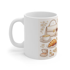 Brunch & Bubbly 11oz White Mug — Champagne, Coffee & Croissant Café Illustration