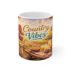 Country Vibes Mug — Rustic Farmhouse Coffee Cup with Picnic Scene