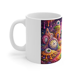 Psychedelic Rainbow Landscape Mug — Surreal Dripping Clocks & Smiling Monsters 11oz