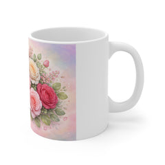Floral Rose Bouquet Mug — Pink Vintage Roses 11oz Ceramic Coffee Cup