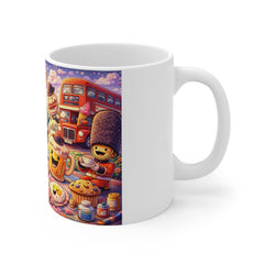 British Breakfast Cartoon Mug — Cute Bulldog, Tea & Diner Illustration