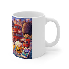 London Tea Time Mug — Whimsical British Icons, Double-Decker Bus & Union Jack Design