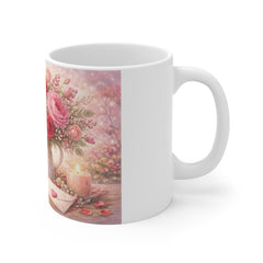 Floral Valentine Mug — Pink Roses Bouquet with Chocolates & Love Letter