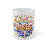 Vibes Rainbow Mug — Colorful Retro Rainbow & Flowers Coffee Cup