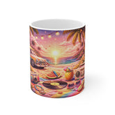 Tropical Beach Sunset Mug — Retro Surf Van, Pineapple & Vinyl Coffee Cup