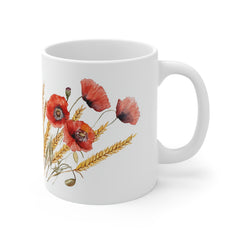 Poppy & Wheat 11oz Ceramic Mug — Rustic Floral Coffee Cup