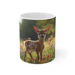 Fawn in Wildflower Meadow Mug — Cute Deer Coffee Cup, Nature Lover Gift