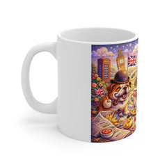 British Breakfast Cartoon Mug — Cute Bulldog, Tea & Diner Illustration