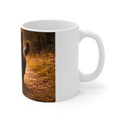 Black Cat Running Photo Mug — Cute Kitty Coffee Cup, Autumn Meadow Cat Lover Gift