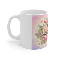 Floral Rose Bouquet Mug — Pink Vintage Roses 11oz Ceramic Coffee Cup