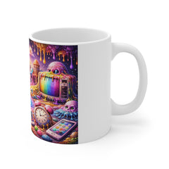 Psychedelic Retro Radio Rainbow Mug — Colorful Vaporwave 11oz Coffee Cup