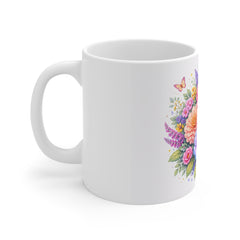 Floral Bouquet Coffee Mug — Vibrant Sunflower & Peony 11oz Ceramic Mug
