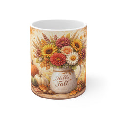 Hello Fall Mug — Autumn Floral Pumpkin Coffee Cup (11oz)