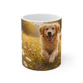 Golden Retriever Meadow Mug — Cute Dog Coffee Cup with Sunny Wildflower Photo