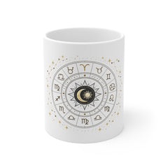 Zodiac Wheel 11oz White Mug — Celestial Horoscope Coffee Cup
