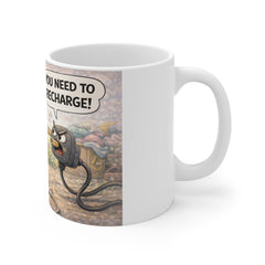 11oz Mug — Funny 'You Need to Unplug / You Need to Recharge' Cartoon Coffee Cup