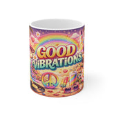 Good Vibrations Coffee Mug — Retro Rainbow Mushroom Peace Sign 11oz