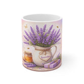 Lavender Bouquet Mug — 11oz White Ceramic Coffee Cup with Honey & Gift Box Design