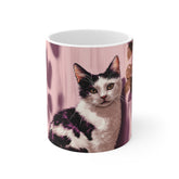 Cat Portrait Coffee Mug — Pink Floral Calico Cat Ceramic Gift