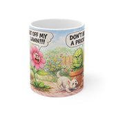 Funny Garden Mug — "Get Off My Lawn!" Flower & Cactus Cartoon Coffee Cup
