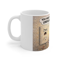 11oz Mug — Funny 'You Need to Unplug / You Need to Recharge' Cartoon Coffee Cup