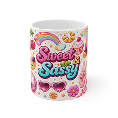 Sweet & Sassy Mug — Cute Rainbow, Cherries & Retro Stickers Coffee Cup