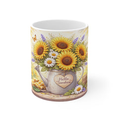 Sunflower 'Hello Sunshine' Mug — 11oz Ceramic Coffee Cup
