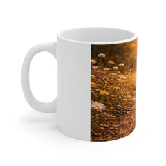 Black Cat Running Photo Mug — Cute Kitty Coffee Cup, Autumn Meadow Cat Lover Gift