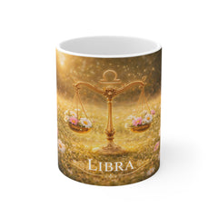 Libra Zodiac Scale Mug — Gold Floral Astrology Coffee Cup