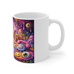 Psychedelic Rainbow Landscape Mug — Surreal Dripping Clocks & Smiling Monsters 11oz