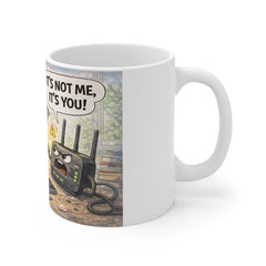 11oz Mug — Funny Tech Support Cartoon: "Fix Your Wi‑Fi Yourself!!" Coffee Cup for Programmers & Gadget Lovers